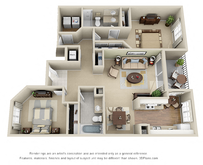Floor plan for 2 beds, 2 baths, 1203 sqft